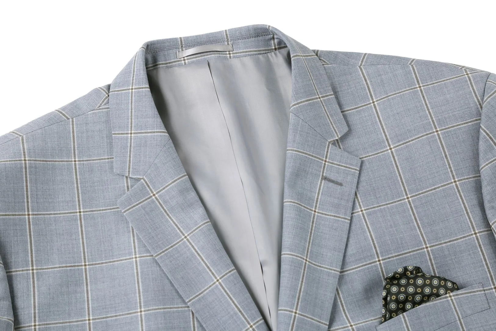 100% Wool Windowpane Pattern Regular Fit 2 Button Blazer in Stone Blue