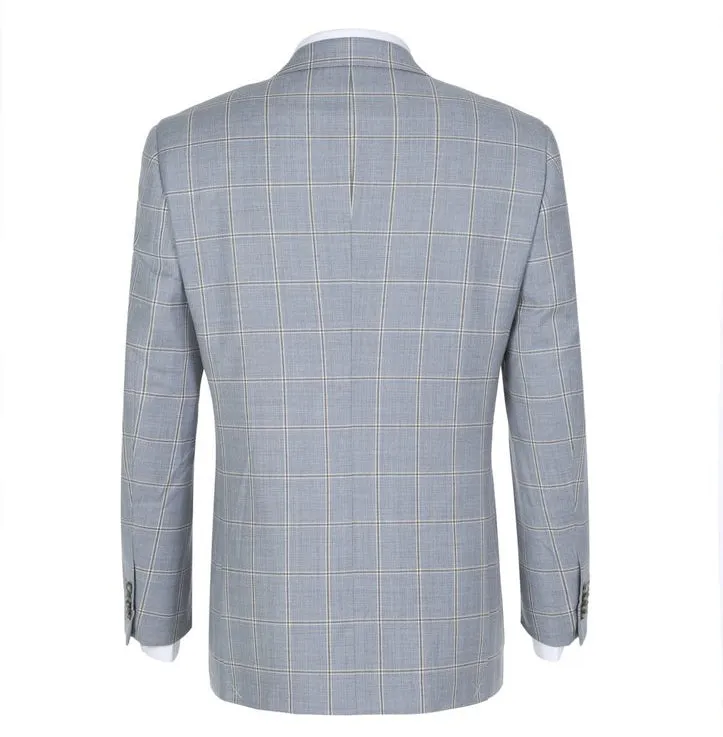 100% Wool Windowpane Pattern Regular Fit 2 Button Blazer in Stone Blue