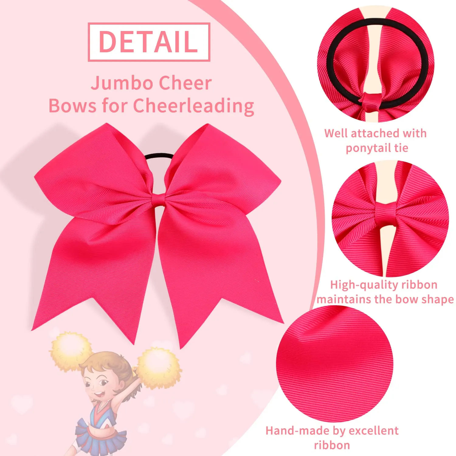 16PCS 8" Large Cheer Hair Bows Ponytail Holder Elastic Band Handmade for Cheerleading Teen Girls College Sports (Dark Rose, 16 Count (Pack of 1))