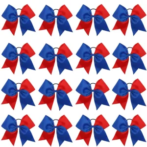 16PCS 8" Large Cheer Hair Bows Ponytail Holder Elastic Band Handmade for Cheerleading Teen Girls College Sports (Royal blue/Red, 16 Count (Pack of 1))