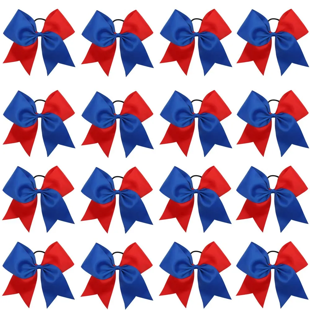 16PCS 8" Large Cheer Hair Bows Ponytail Holder Elastic Band Handmade for Cheerleading Teen Girls College Sports (Royal blue/Red, 16 Count (Pack of 1))
