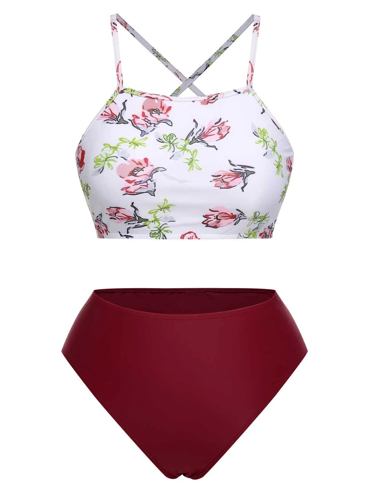 1940s Strap Contrast Floral Lace-Up Swimsuit