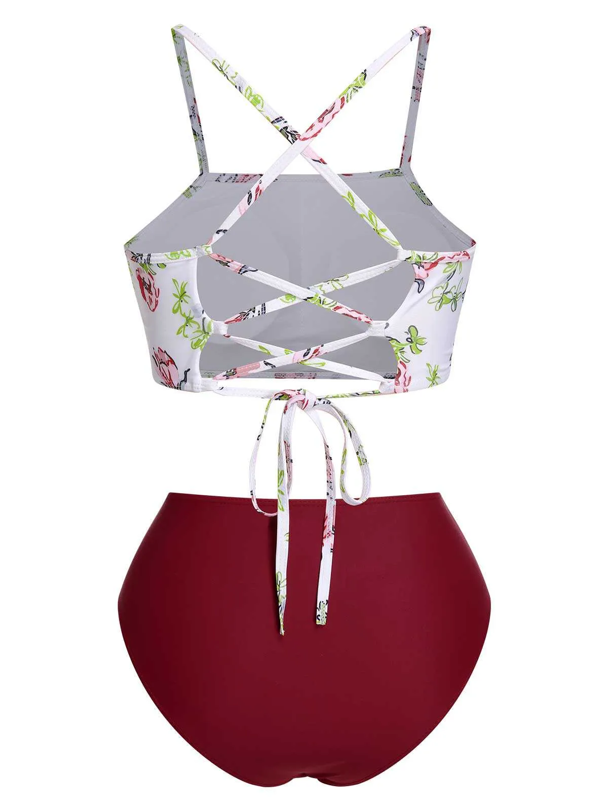 1940s Strap Contrast Floral Lace-Up Swimsuit