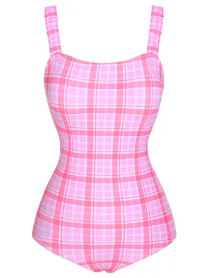 1950s Plaid Elastic Gathers One-Piece Swimsuit