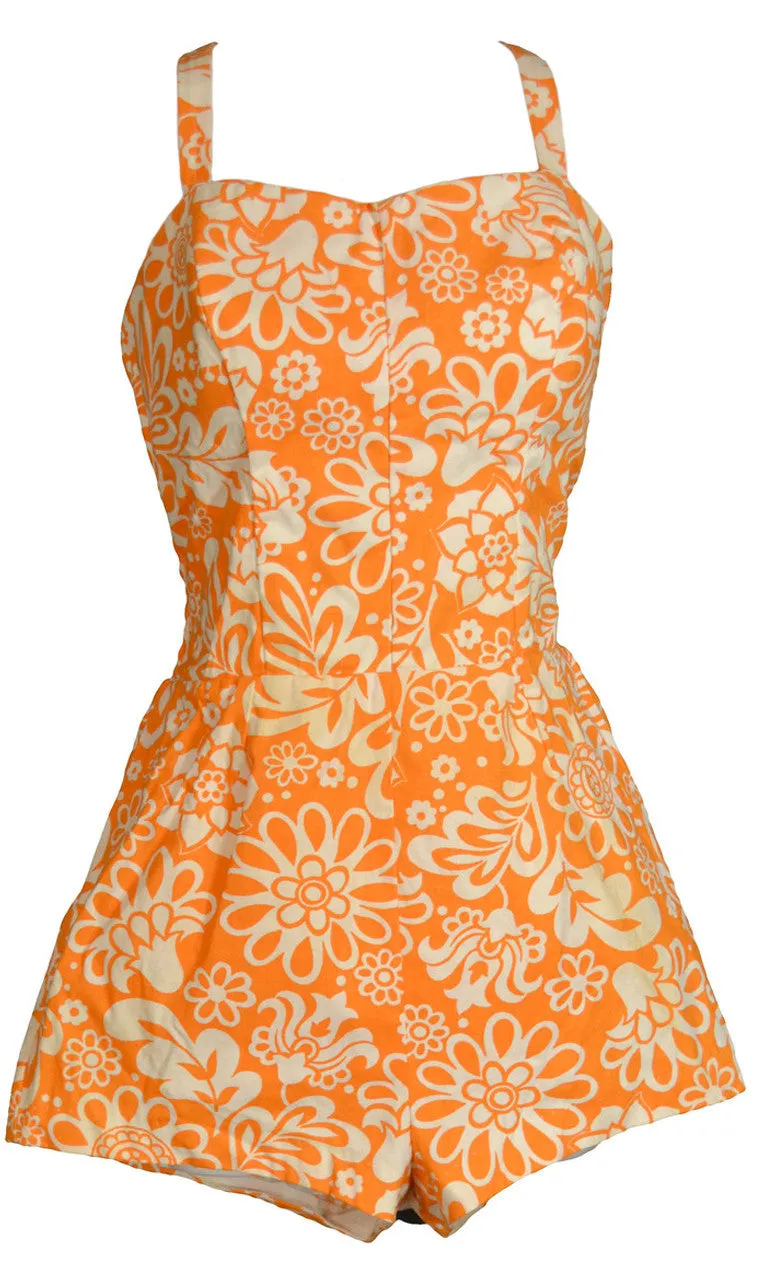 1960's Bright Orange Floral Vintage Bathing Suit One Piece Swimsuit