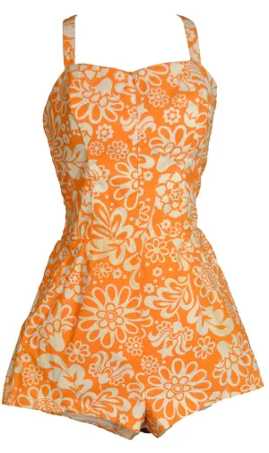 1960's Bright Orange Floral Vintage Bathing Suit One Piece Swimsuit