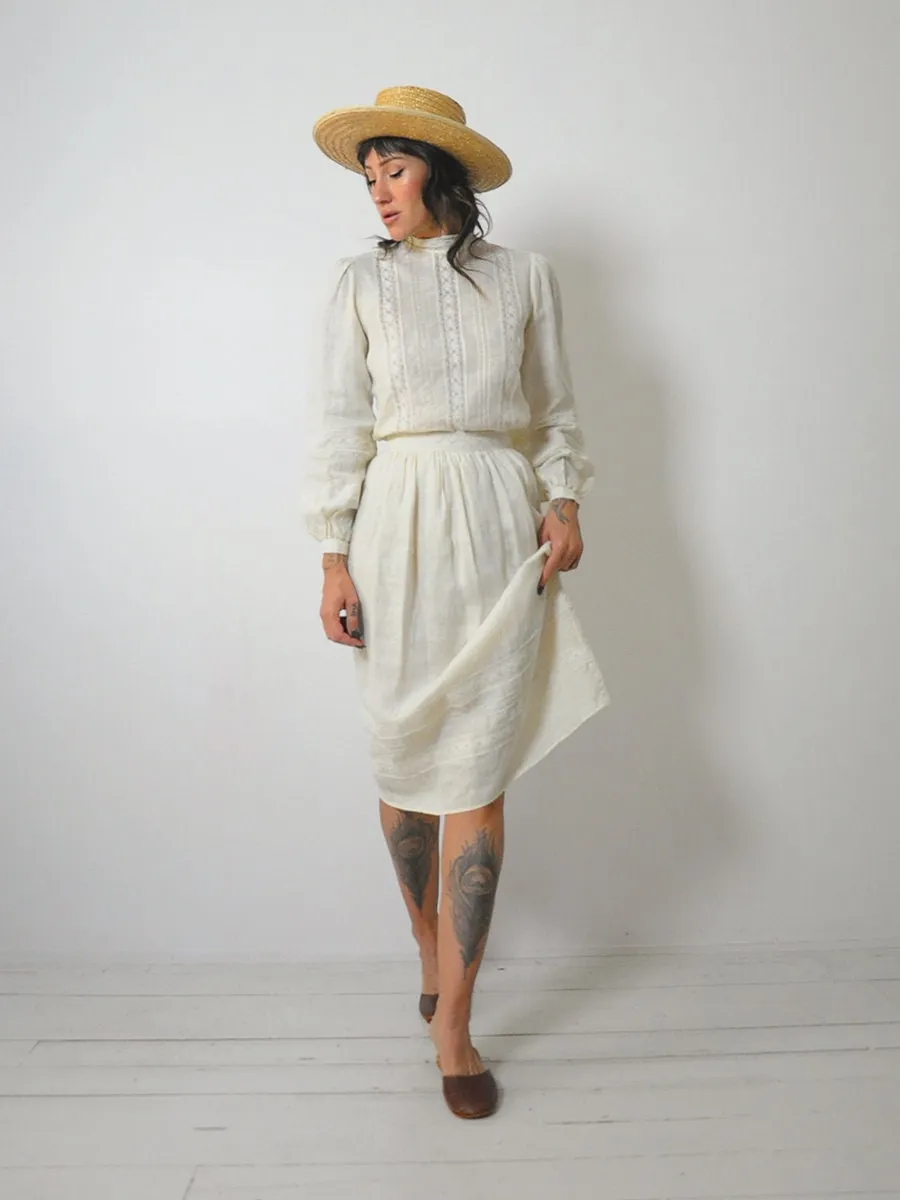 1970's Linen Lace 2 Piece Skirt Set
