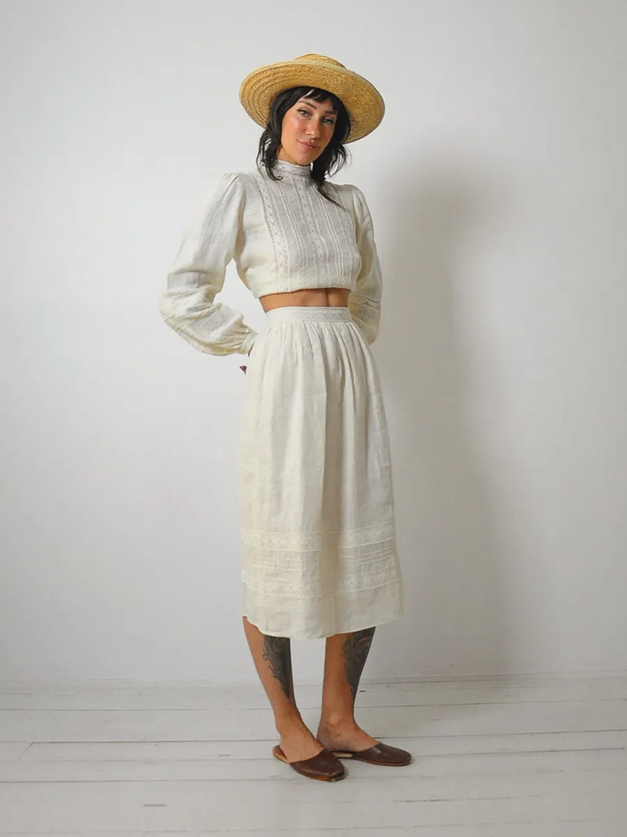 1970's Linen Lace 2 Piece Skirt Set