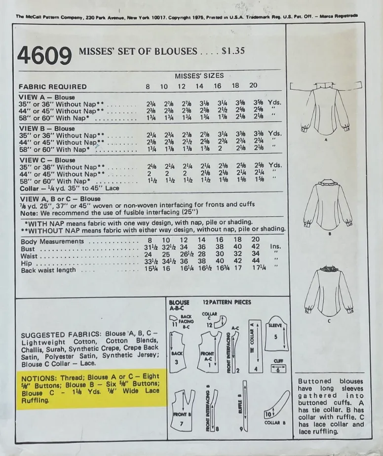1970's McCall's Button Up Blouse Pattern with Large Collar - Bust 32.5" - No. 4609