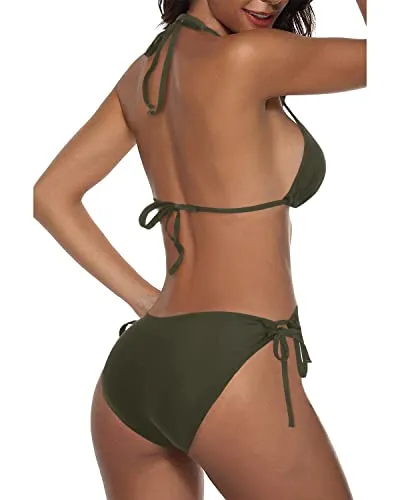 2 Piece Chic Lace-Up Cheeky Halter Triangle Bikini Set-Army Green