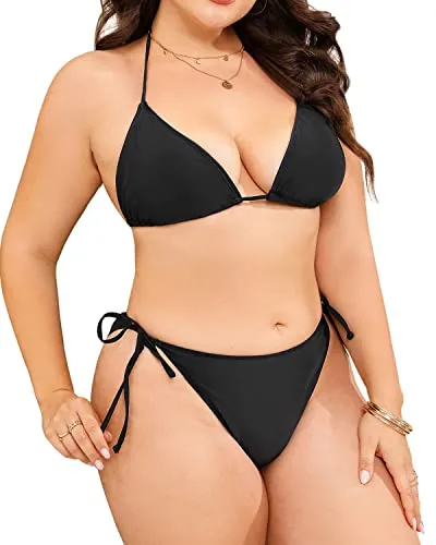 2 Piece Plus Size Triangle Bikini Halter Tie Side for Women-Black