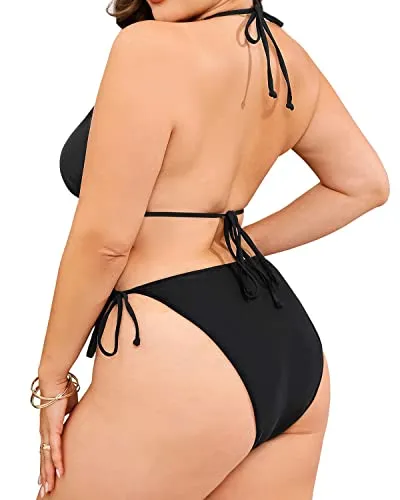 2 Piece Plus Size Triangle Bikini Halter Tie Side for Women-Black