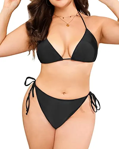 2 Piece Plus Size Triangle Bikini Halter Tie Side for Women-Black