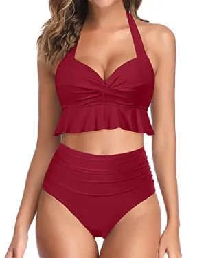 2 Piece Push Up Ruffle Bikini Womens Tummy Control Swimsuits-Red