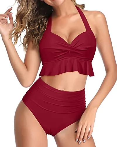 2 Piece Push Up Ruffle Bikini Womens Tummy Control Swimsuits-Red