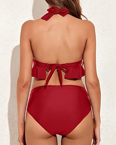 2 Piece Push Up Ruffle Bikini Womens Tummy Control Swimsuits-Red