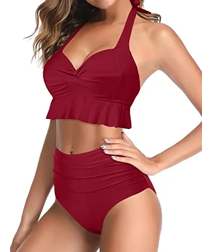 2 Piece Push Up Ruffle Bikini Womens Tummy Control Swimsuits-Red