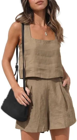 2 Piece Set for Women Loungwear Summer Sleeveless Square Neck Tank Tops Shorts Lightweight Outfit Fashion Set