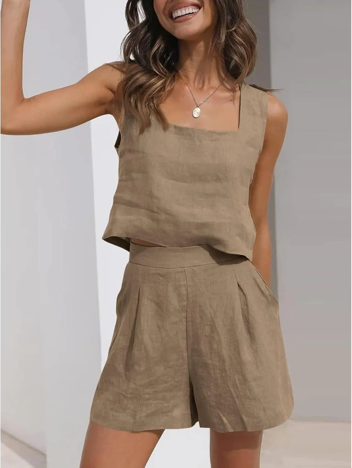 2 Piece Set for Women Loungwear Summer Sleeveless Square Neck Tank Tops Shorts Lightweight Outfit Fashion Set