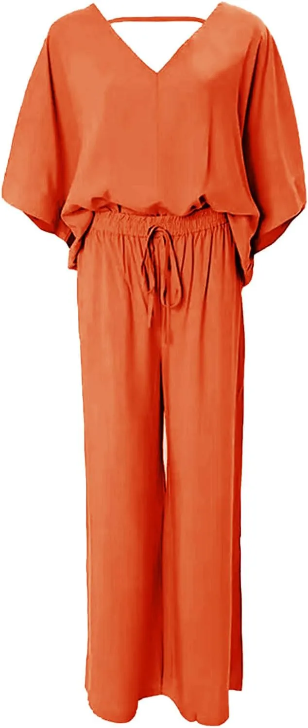 2 Piece Set for Women V Neck Batwing Sleeve Tops Wide Leg Casual Loose Pants Plus Size Outfit Summer Going Out Set