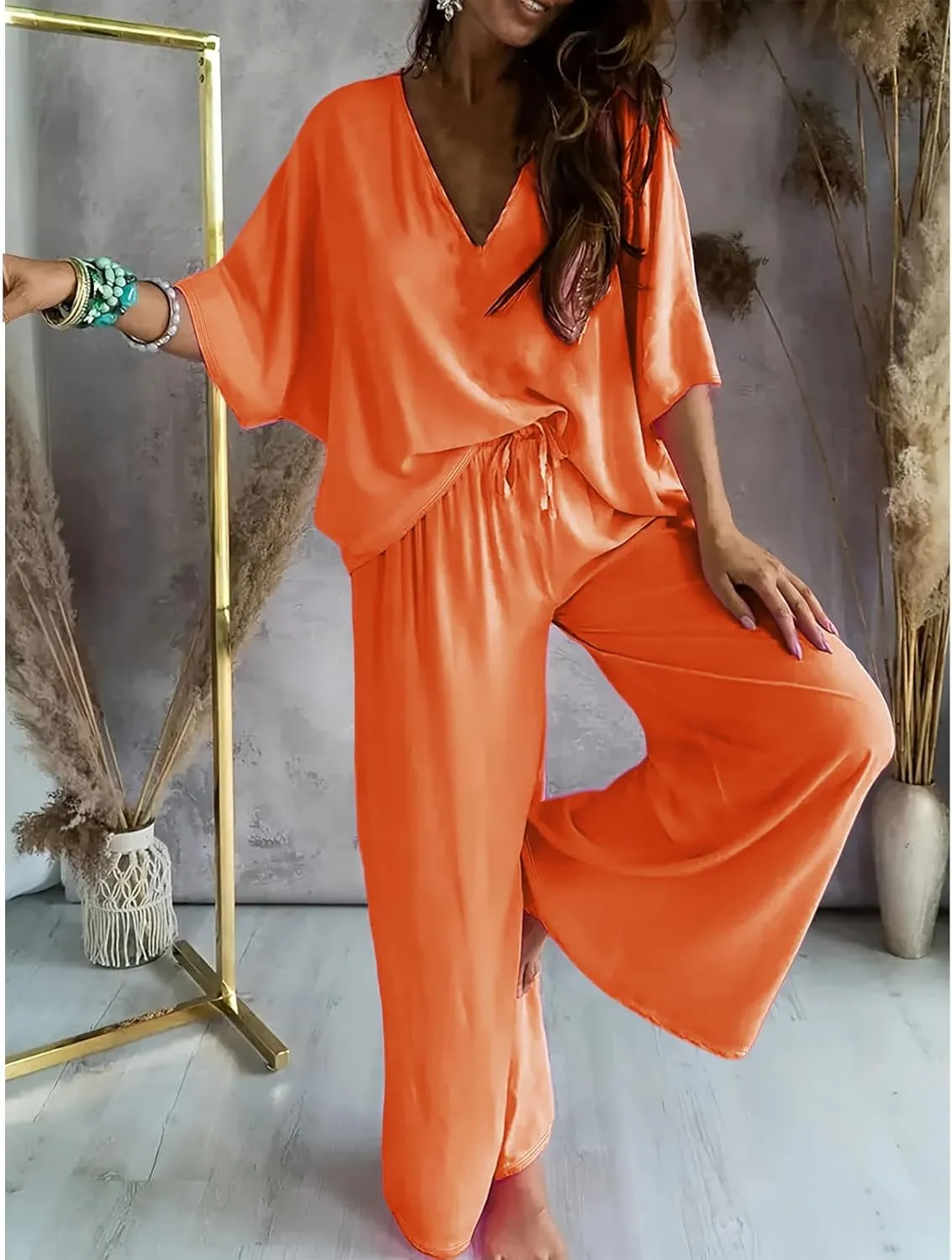 2 Piece Set for Women V Neck Batwing Sleeve Tops Wide Leg Casual Loose Pants Plus Size Outfit Summer Going Out Set