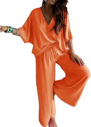 2 Piece Set for Women V Neck Batwing Sleeve Tops Wide Leg Casual Loose Pants Plus Size Outfit Summer Going Out Set