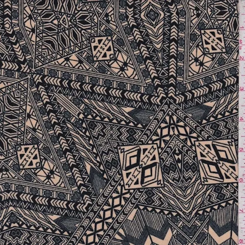 2 YD PC-ITY Beige/Charcoal Tribal Jersey Knit Fabric