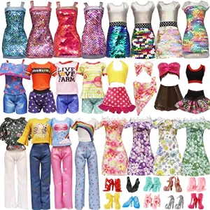 20 Pcs Doll Clothes and Accessories Handmade 2 Sequins Dresses 4 Fashion Dresses 4 Tops and Pants Casual Outfits 10 Shoes for 11.5 inch Girl Dolls