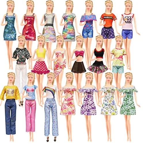 20 Pcs Doll Clothes and Accessories Handmade 2 Sequins Dresses 4 Fashion Dresses 4 Tops and Pants Casual Outfits 10 Shoes for 11.5 inch Girl Dolls