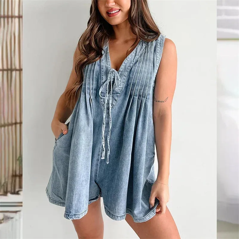 2024 Women Deep V Neck Lace-up Denim Jumpsuit Shorts Rompers Female Pleated Sleeveless One-piece Trousers Side Pocket Streetwear