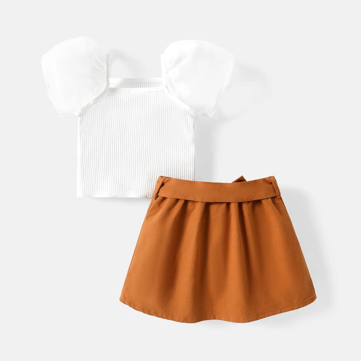 2pcs Baby Girl 100% Cotton Solid Skirt and Puff-sleeve Ribbed Top Set