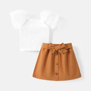 2pcs Baby Girl 100% Cotton Solid Skirt and Puff-sleeve Ribbed Top Set