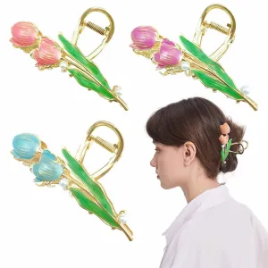 3 PCS Tulip Flower Claw Clips Large for Thick Hair, Metal Headdress Shark Barrette, Big Jaw Clips for Hair Styling Accessories and Clamps for Women Girls