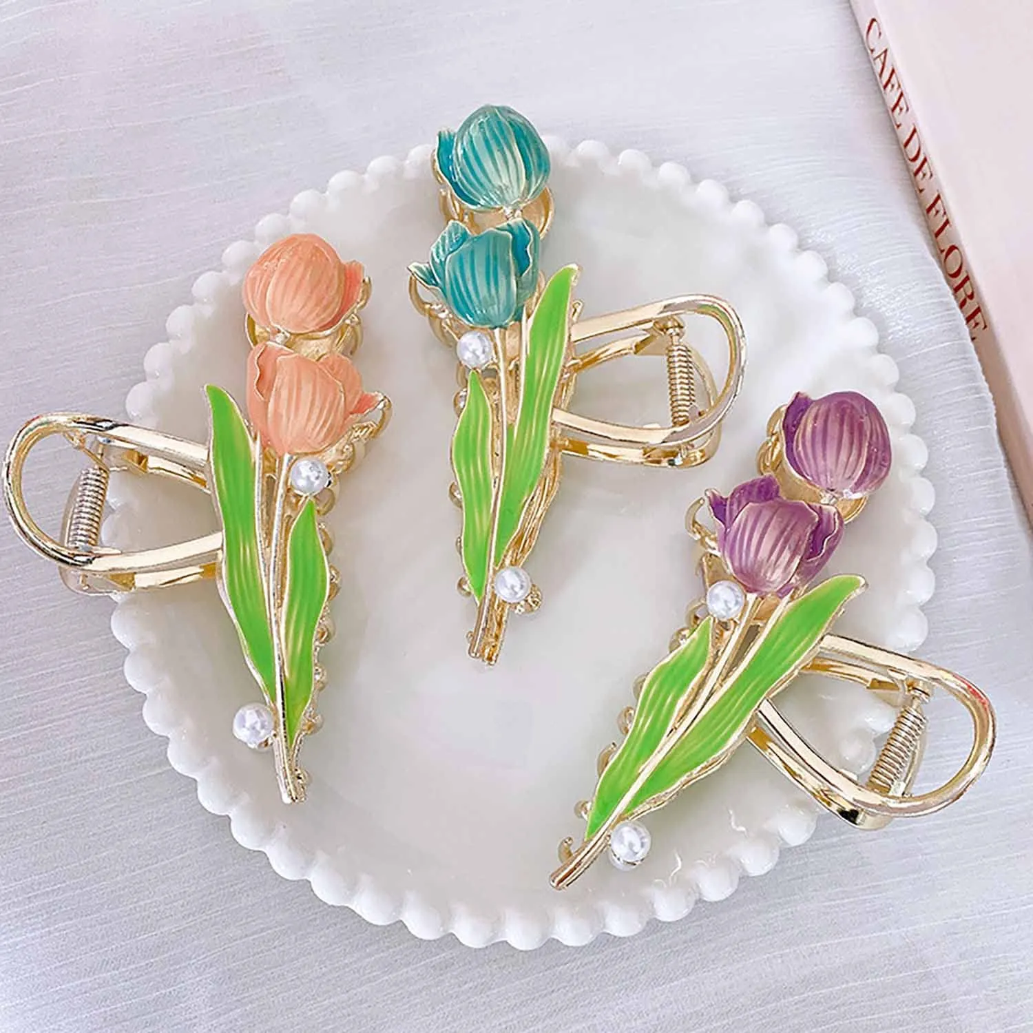 3 PCS Tulip Flower Claw Clips Large for Thick Hair, Metal Headdress Shark Barrette, Big Jaw Clips for Hair Styling Accessories and Clamps for Women Girls