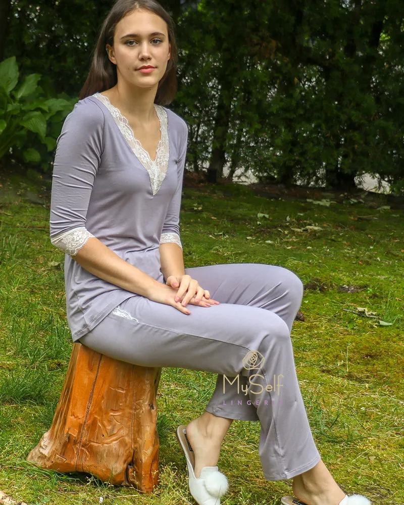 3205 Lace Lined V Neck Pajamas