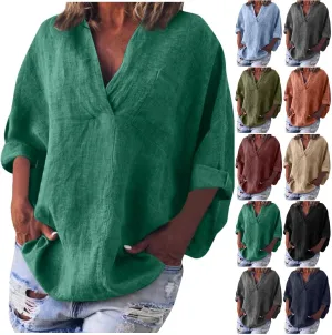 3/4 Sleeve Linen Tops for Women 2025 Oversized Loose Fit V Neck Shirts Summer Casual Beach Tunic Blouse Tee Sun Shirts