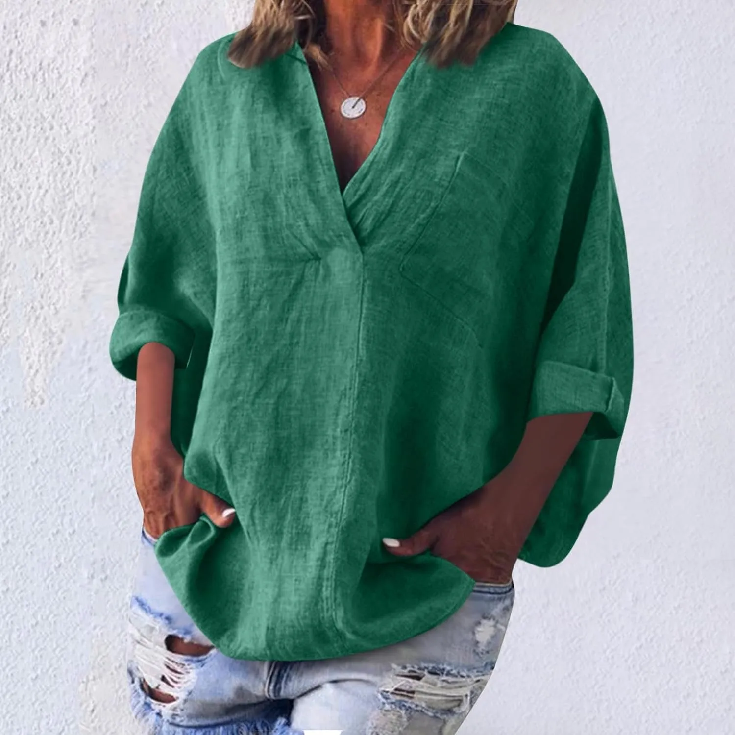 3/4 Sleeve Linen Tops for Women 2025 Oversized Loose Fit V Neck Shirts Summer Casual Beach Tunic Blouse Tee Sun Shirts