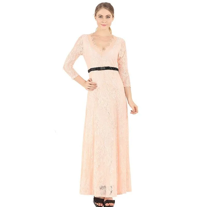 3/4 Sleeve Solid Color maxi v neck High waist bandage Lace Dresses