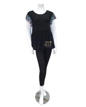3801 Geometric Lace Cap Sleeve Black Modal Pajamas Set