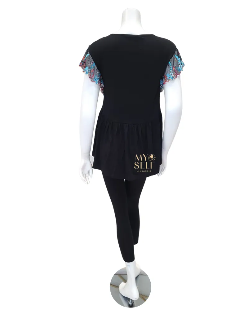 3801 Geometric Lace Cap Sleeve Black Modal Pajamas Set