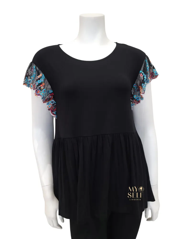 3801 Geometric Lace Cap Sleeve Black Modal Pajamas Set