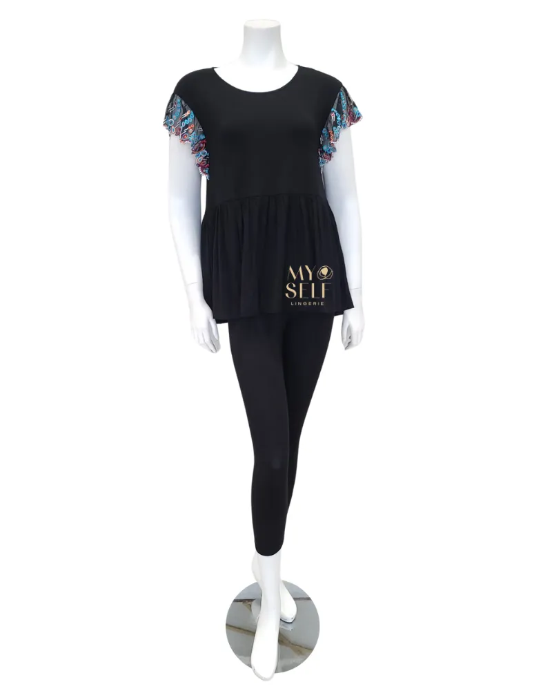 3801 Geometric Lace Cap Sleeve Black Modal Pajamas Set