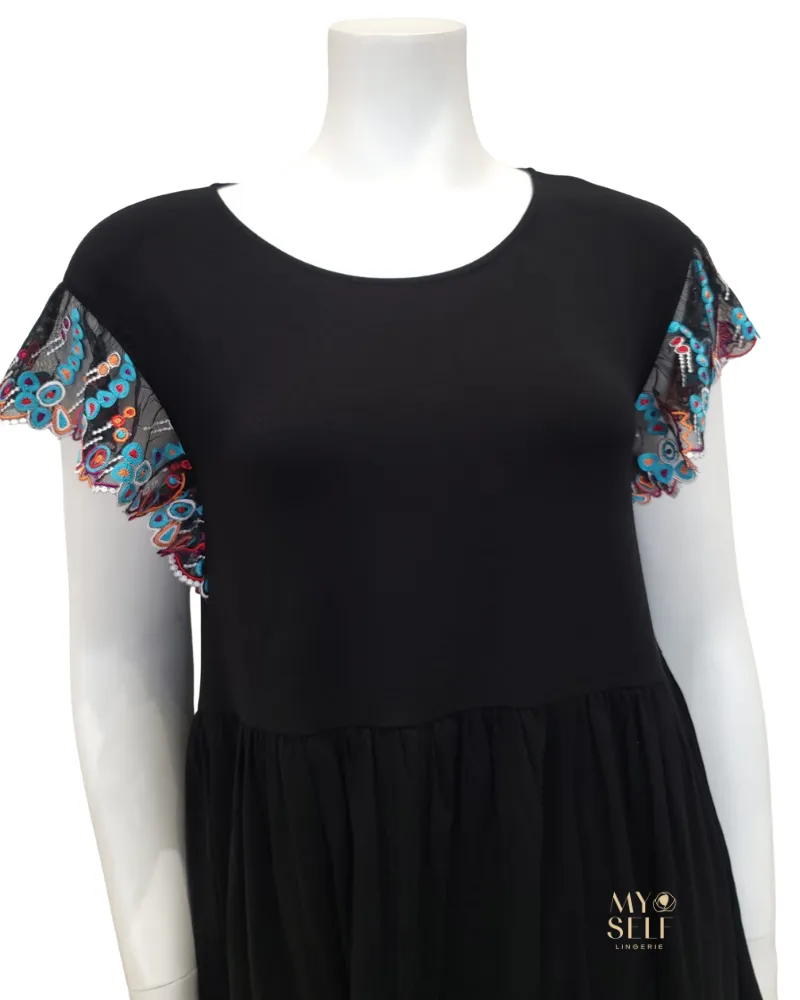 3801 Geometric Lace Cap Sleeve Black Modal Pajamas Set