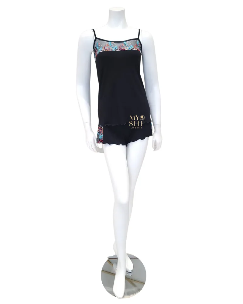 3802 Geometric Lace Black Cami Pajamas Set