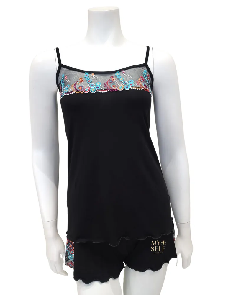 3802 Geometric Lace Black Cami Pajamas Set