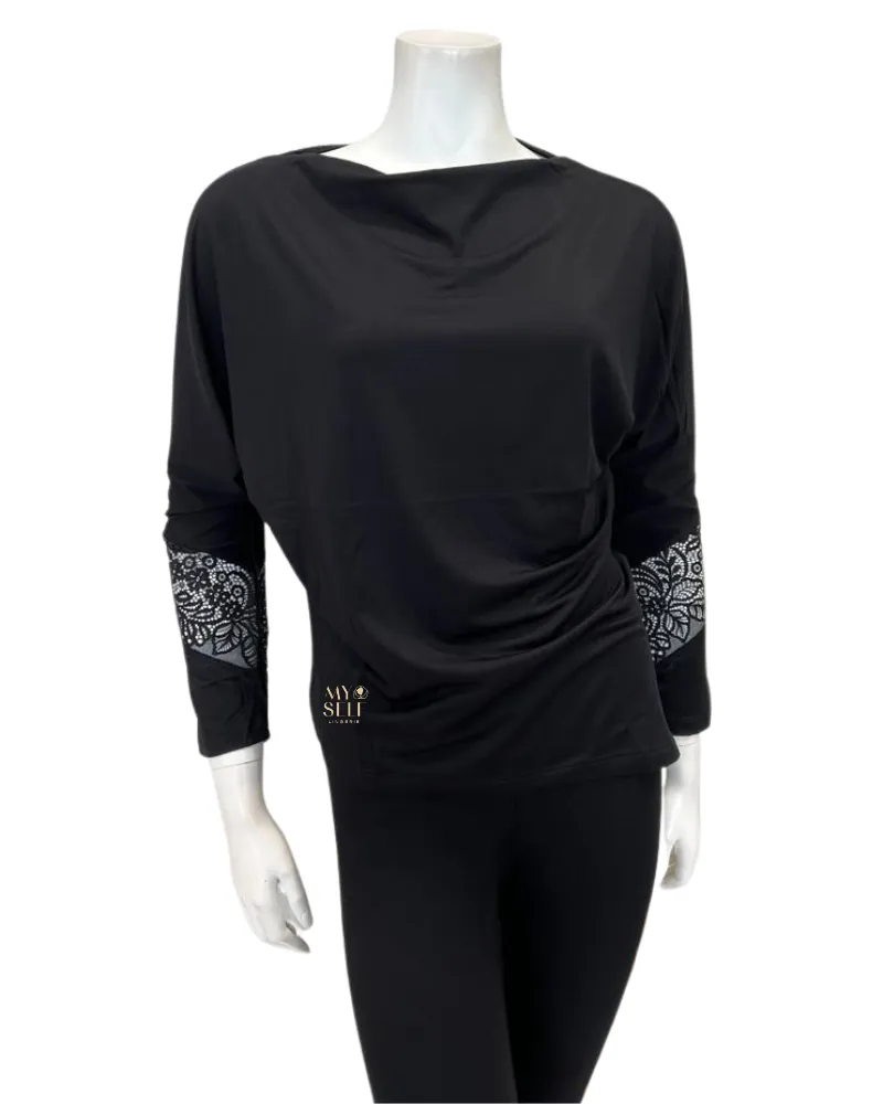 3935 Dolman Sleeve Sheer Lace Detail Black Modal Pajamas Set