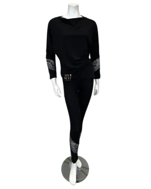3935 Dolman Sleeve Sheer Lace Detail Black Modal Pajamas Set