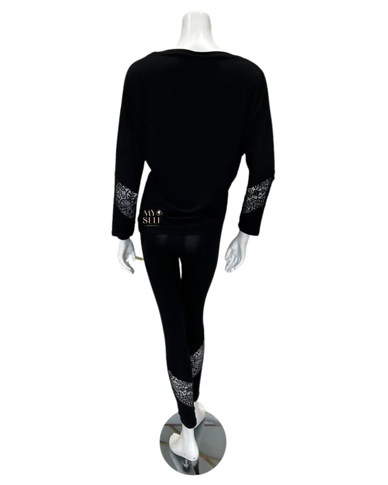 3935 Dolman Sleeve Sheer Lace Detail Black Modal Pajamas Set