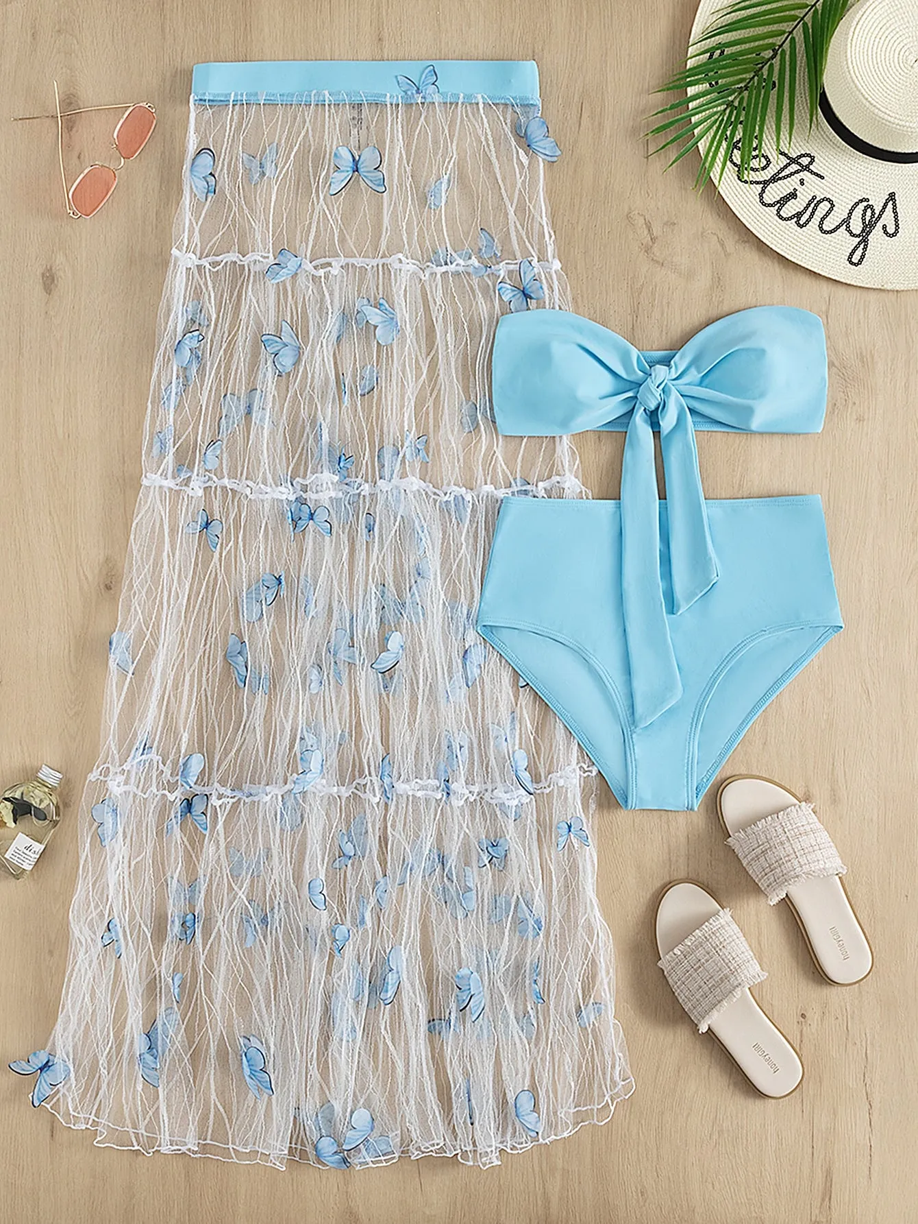 3Pack Plain Knot Bandeau Bikini Swimsuit & Beach Skirt