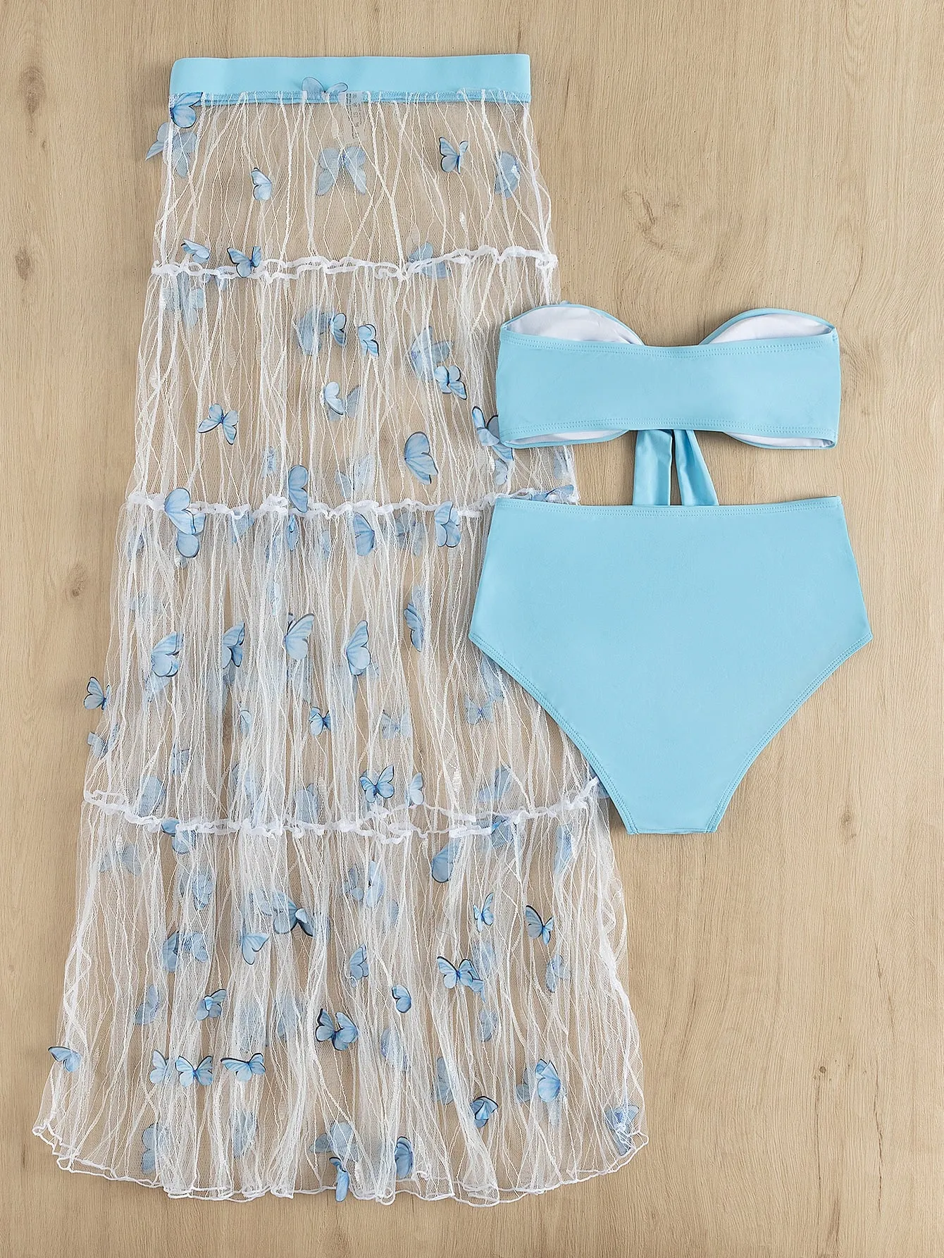 3Pack Plain Knot Bandeau Bikini Swimsuit & Beach Skirt